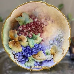 Antique Germany Artist Signed Hand Painted Cabinet Plate Gold Trim Grapes Purple